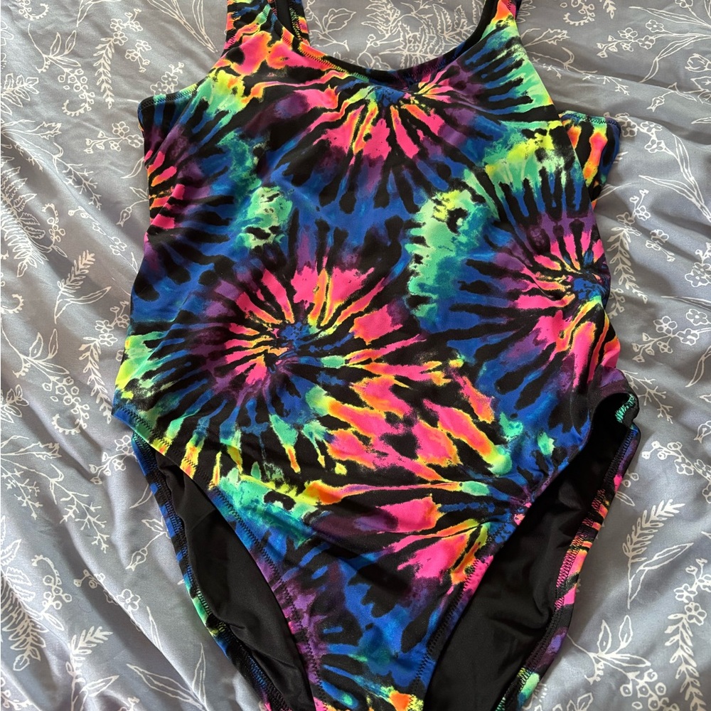 PINK Victoria's Secret Black One-Piece Swimsuit with Neon Tie-Dye Trim